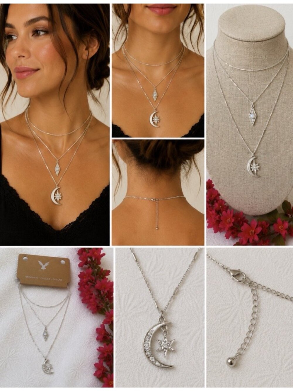 American Eagle SilverTone 3 Chain Moon Star Charm Dainty Statement Necklace NEW